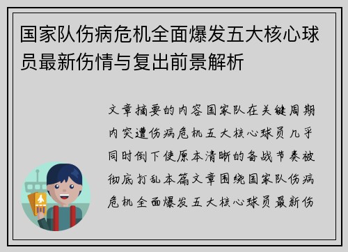 国家队伤病危机全面爆发五大核心球员最新伤情与复出前景解析