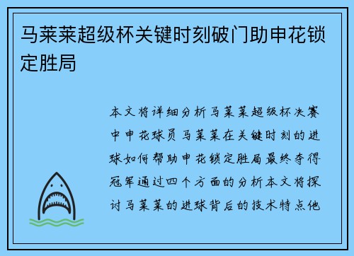 马莱莱超级杯关键时刻破门助申花锁定胜局